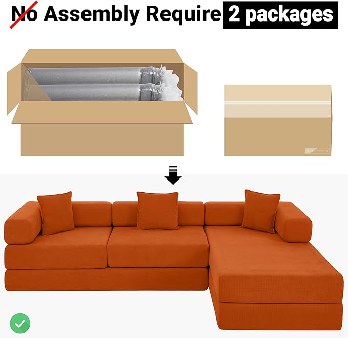 108" Oversized Convertible Sleeper Sofa Bed, Corduroy L Shape Sectional Couch, Folding Sofa Bed with Side Pocket, Modern Cloud Floor Mattress Couch, Modular Sofa for Living Room, Orange-HomvellaHome