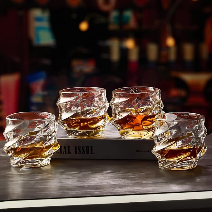 12 oz Hand Blown Crystal Whiskey Glasses Set of 4, Unique Cognac Glass, Heavy Thick Bottom Bar Glass for Scotch Bourbon Rum Gin Water Cocktail,Gifts Men Gifts Ideas-HomvellaHome