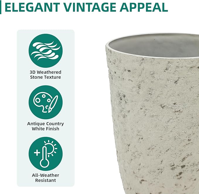 19.5" Resin Tall Planters for Outdoor Plants, Set of 2 Country White Large Flower Pots with Handmade Birch Bark Texture, Heavy-Duty and Weather-Resistant for Year Round Indoor Outdoor use-HomvellaHome