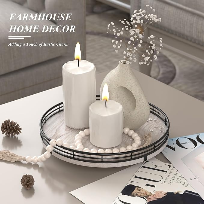 10" Oak Bathroom Vanity Tray Turntable for Perfume Candle, Round Wooden Decorative Tray for Kitchen Sink Countertop Organizer, Bathroom Counter Organizer for Skincare Makeup, Rustic White-HomvellaHome