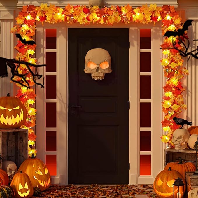 2 Pack Fall Decor Maple Leaves Garland with Lights Battery Operated Fall Thanksgiving Decorations Garland for Home Porch Front Door Table Mantle Outdoor Autumn Harvest Halloween Decor, 11.8Ft 40LED-HomvellaHome