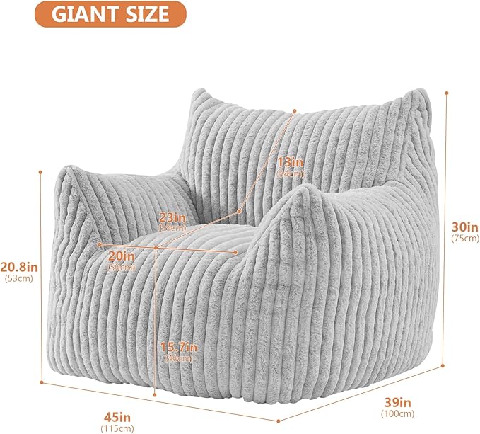 Giant Bean Bag Chairs for Adults with Filling Plush Fluffy Bean Bag Chairs for Teens with Armrests Comfy BeanBag Lazy Couch Sofa Chair for Bedroom Living Room Reading-HomvellaHome