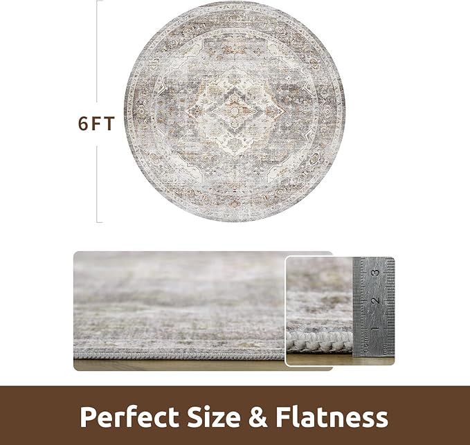 AMOAMI-6FT Round Rug-Rugs for Living Room-Vintage Soft Grey Rugs for Bedroom-Non Slip Circle Rug-Machine Washable Rug for Dining Room Living Room Bedroom Office Under Table-HomvellaHome