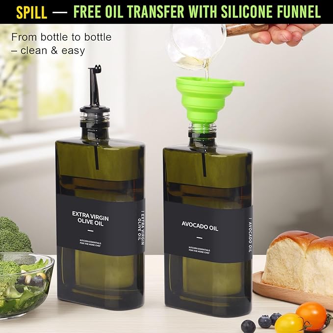 Glass Multi-Purpose Kitchen Dispenser Set | Universal for Olive Oil, Vinegar, Soy Sauce, and Syrup with Stainless Steel Pourers,2-Pack Dark Green,Avoid Sunlight-HomvellaHome