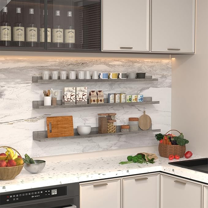 Giftgarden 47 Inch Gray Floating Shelves for Wall Mount, Grey Wood Wall Shelf Ledge for Bathroom Bedroom Living Room Kitchen Storage, Set of 3 Different Sizes-HomvellaHome