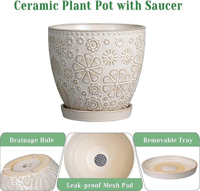 10 Inch Ceramic Planter Pot Large Plant Pot for Indoor Plants Outdoor Round Flower Pot with Drainage Hole and Saucer for Home Garden Decor White-HomvellaHome