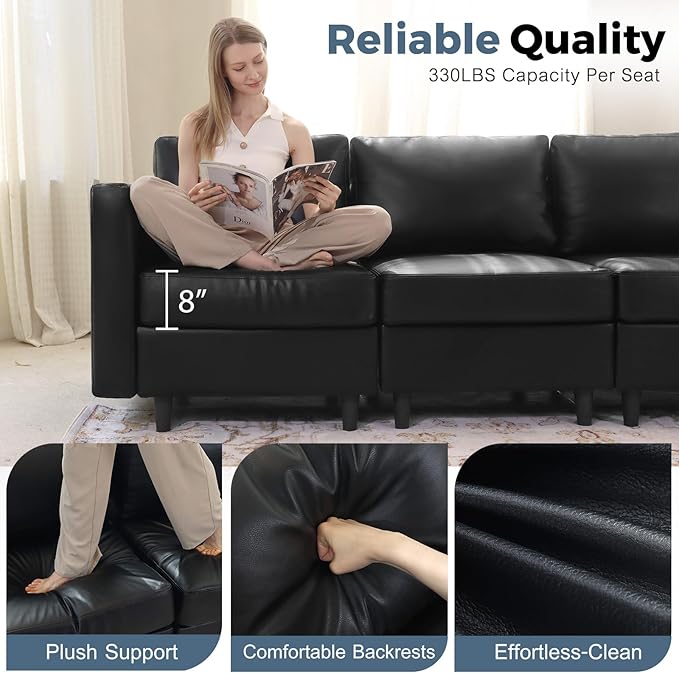 118.5" Faux Leather Modular Sectional Sofa with Storage Seat, Oversized 4 Seater Couch Deep Seat with Removable Cover Black-HomvellaHome