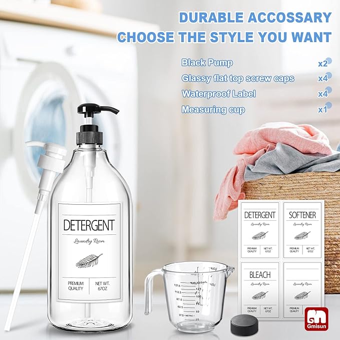 GMISUN Laundry Detergent Dispenser, 2 Pack Liquid Laundry Soap Dispenser, 64oz Storage Container for Farmhouse Laundry Room Decor, Liquid Bottle Organizer for Detergent/Softener/Bleach-HomvellaHome