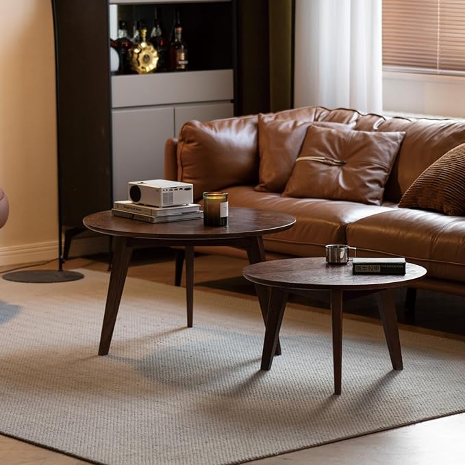 100% Solid Oak Wood Coffee Table Set, Round Coffee Table Combo Side Table w/Solid Wood Legs, Mid Century Table Sturdy Tables for Bedroom Balcony Living Room (Walnut, 3 Pieces)-HomvellaHome