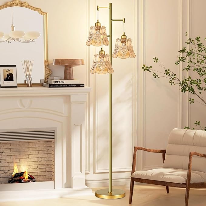 Gold Floor Lamp for Living Room,Bedroom,Tree 3 Light Standing Lamp Mid Century Modern Brass Tall Floor Lamps Vintage Retro Floor Lights Glass Green Flower Lamp Shade Farmhouse Boho Bohemian-HomvellaHome