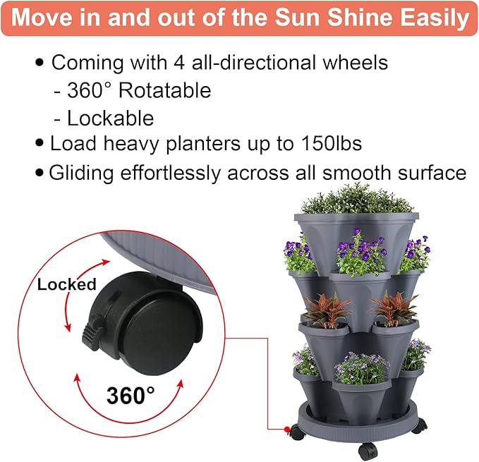 Vertical Planter 4 Tier Stackable Planters Garden Planters Strawberry Herb Flower and Vegetable Planter Indoor Outdoor Gardening Pots with Removable Wheels and Tools-HomvellaHome