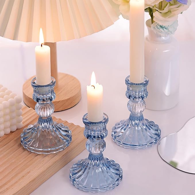 12PCS Blue Candlestick Holders Set- 4" H Taper Candle Holders, Glass Candle Holders Bulk for Wedding, Party, Home Table Centerpieces, Festival Gifts & Windowsill Decor-HomvellaHome
