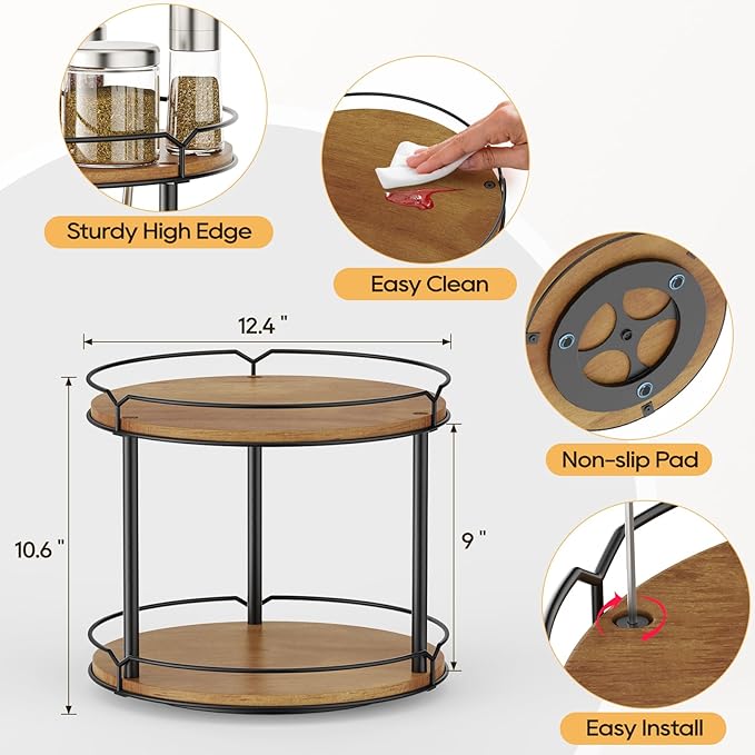 12.4" Lazy Susan Organizer 2 Tier - Rotating Spice Rack, Wooden Spinning Spice Holder for Inside Cabinet, Pantry, Kitchen, Countertop, Bathroom and Vanity, Versatile Storage-HomvellaHome