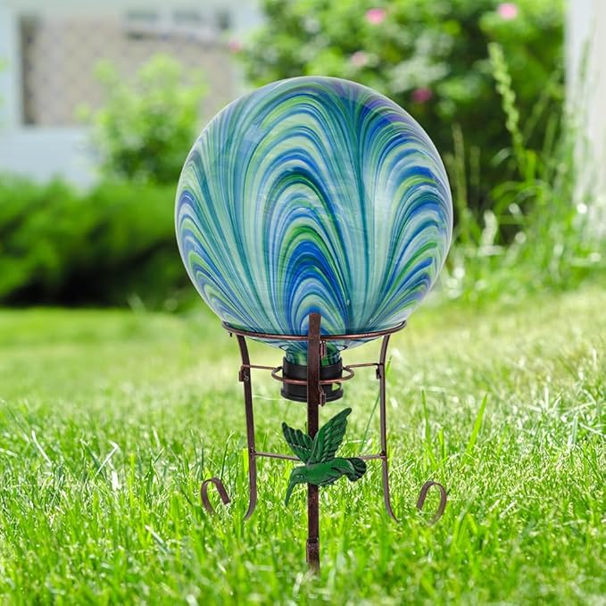 10" Diameter Gazing Ball with 8.5" Metal Stand Indoor Outdoor Glass Globe Sphere Festive Decor Yard Ornament Gazing Balls for Garden,Home,Lawn,Patio,Porch,Birthday Gift for Women(Green)-HomvellaHome