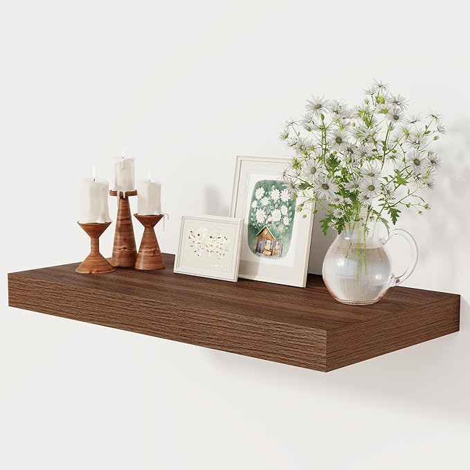 12 Inch Deep Floating Shelves, 24 x 12 Floating Shelf for Books, Rustic Wood Deep Wall Shelves for Home Storage & Display, 2" Thicked Shelves for Kitchen, Living Room, Bedroom, Walnut Color, 1 Pack-HomvellaHome
