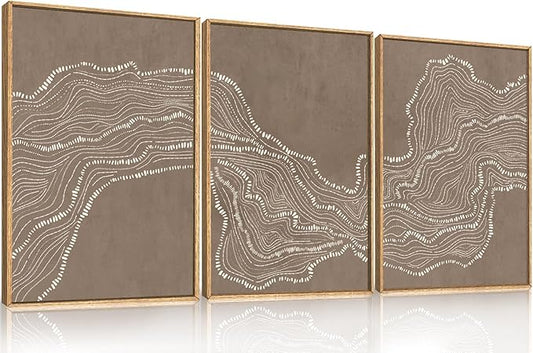 Geometric White Tan Wave Framed Canvas Wall Art Set, Abstract Line Art Painting, Modern Minimalism Wall Decor, Neutral Art Print for Living Room, Bedroom, Dining Room, Office - 16"x24"x3-HomvellaHome