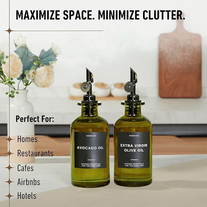 Green Glass Olive Oil Dispenser Bottle For Kitchen By Verpsace,Avocado Oil Dispenser Set, Modern Decor, Gold Kitchen Accessories for Home, Airbnb, Cafe (Black, Set of 2)-HomvellaHome