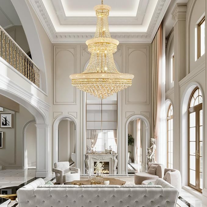 19-Lights High Ceiling Chandelier Modern Gold Crystal Chandeliers Large Foyer Chandelier Fixtures for Staircase Living Room Hallway Entryway (H47 x W31.5)-HomvellaHome