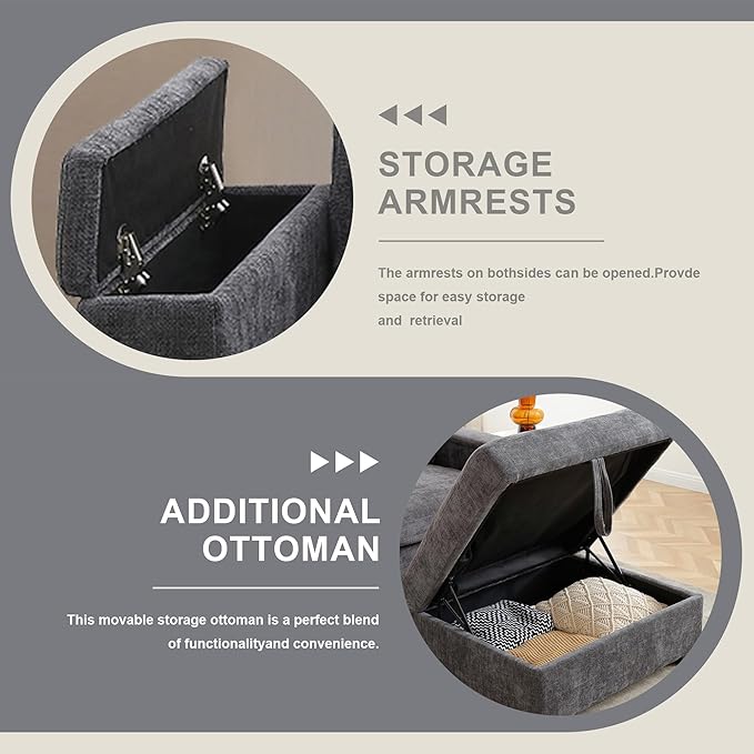 120.3" Modern L-Shaped Sectional Sofa with 360°Swivel Drop-Down Table, Storage Armrest, USB Ports & Movable Storage Ottoman – Plush Linen Cloud Couch for Lounge (Grey)-HomvellaHome