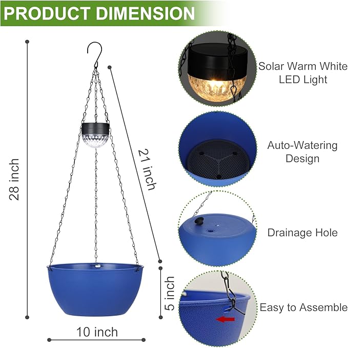2 Packs Solar Hanging Basket Planters for Plants Outdoor, Self Watering Blue Flower Plants Pots with Solar Light Drainer for Balcony Patio Garden Outdoor Decoration-HomvellaHome