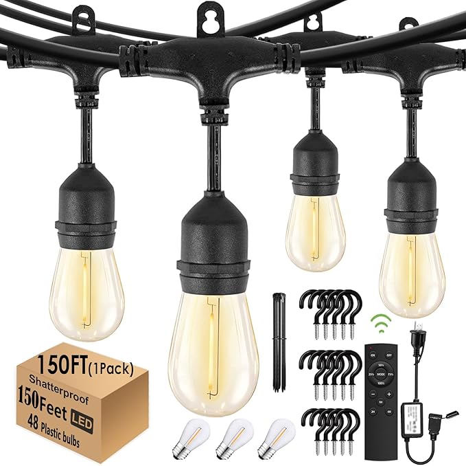 1-Pack 150 ft Outdoor String Lights with Remote Patio Lights Weatherproof, 45+3 Spare S14 Shatterproof Warm 2200K Bulbs, 3 Lighting Modes&Dimmable&Timer-HomvellaHome