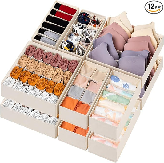 12 Pack Baby Clothes Organizer for Nursery, 116 Cells Fabric Foldable Dresser Closet Organizers and Storage Bins for Clothing, Women Men Underwear Socks, Bra, Ties, Scarf, Belt, Hair Accessories-HomvellaHome