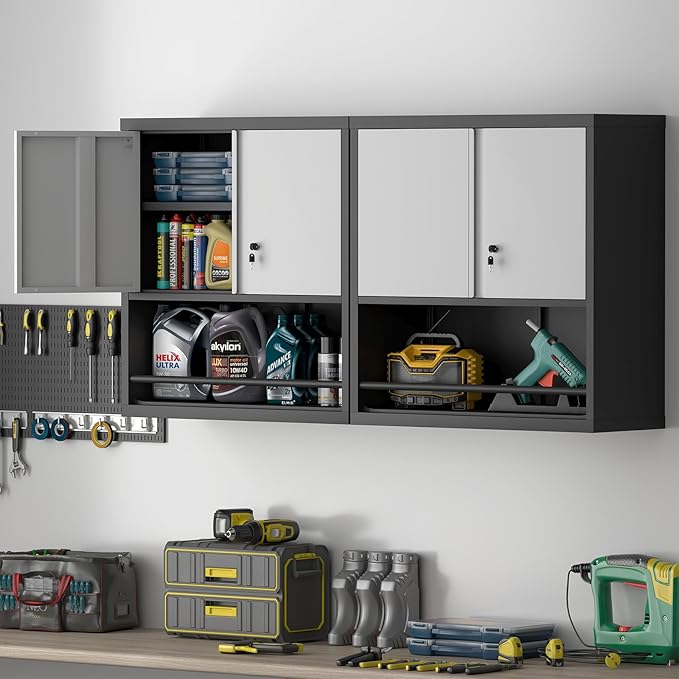 Garage Cabinets,Metal Storage Cabinet with Locking Door,Lockable Wall Mount Cabinet for Storage,Hanging Cabinets for Garage,Kitchen,Office-HomvellaHome