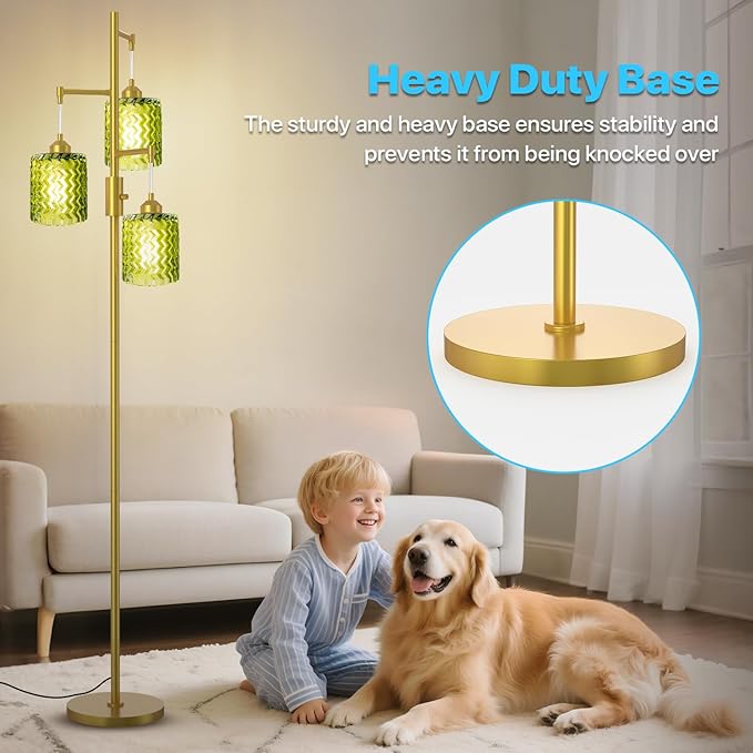 Gold Floor Lamp for Living Room, Vintage 3-Light Green Glass Standing Lamp, Brass Base Mid Century Modern, Retro Tree Design Tall Floor Lamps-HomvellaHome