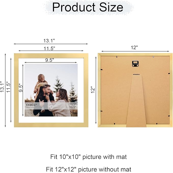 12x12 Picture Frame Set of 4, 12 x 12 Wood Photo Frames with Mat for 10x10 or 30x30cm Diamond Painting Art, Wooden Frame with Real Glass Cover for Wall and Tabletop Display,Gold-HomvellaHome