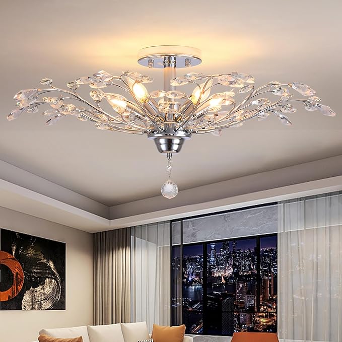 Ganeed Frozen Crystal Branch Close to Ceiling Light Chrome Silvery Vintage Chandelier with 5-Light Heads, Modern K9 Crystal Chandelier for Dining Room Living Room Bedroom Kitchen Over Table-HomvellaHome