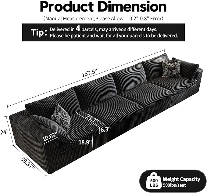 157.5" Cloud Couch Modular Sectional Sofa for Living Room,Modern Sofa with Deep Seat，4 Seater Boneless Couch,Comfy Upholstered Corduroy Couches for Apartment, Studio, Office,Bedroom，Black-HomvellaHome