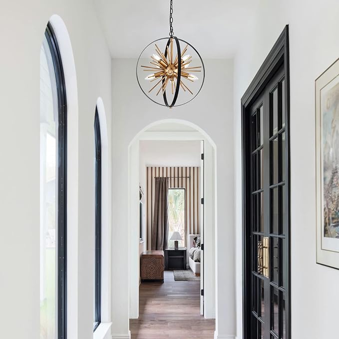 17.72'' Black Gold 8-Light Globe Sputnik Chandelier Modern Industrial Adjustable Hanging Ceiling Firework Pendant Light Fixture for Entryway Stairway Kitchen Dining Living Room Hallway-HomvellaHome