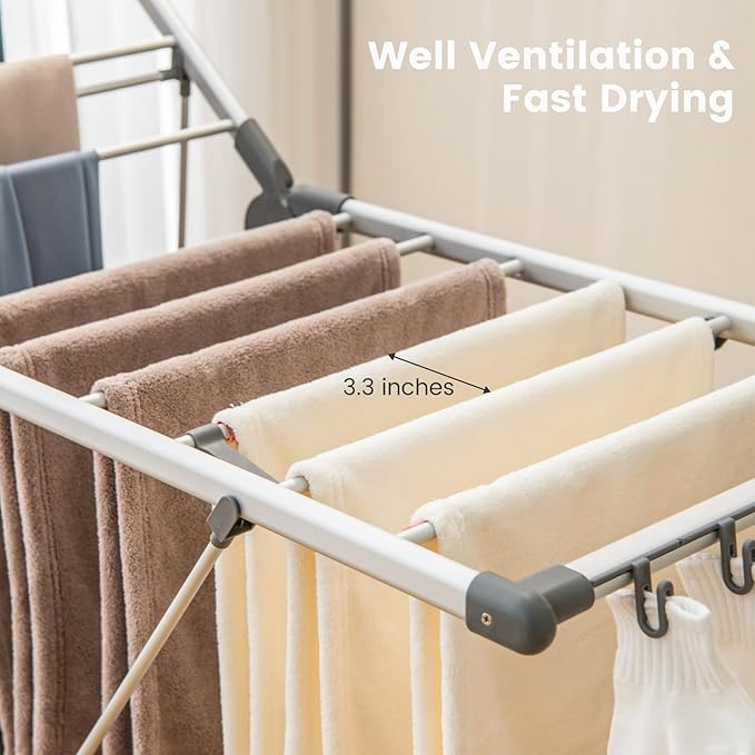 Giantex Clothes Drying Rack, 2-Layer Aluminum Foldable Laundry Drying Rack with 5-Level Adjustable Height, 21 Drying Rails, 10 Side Clips, 4 Shoe Holders, Space Saving Collapsible Laundry Drying Rack-HomvellaHome