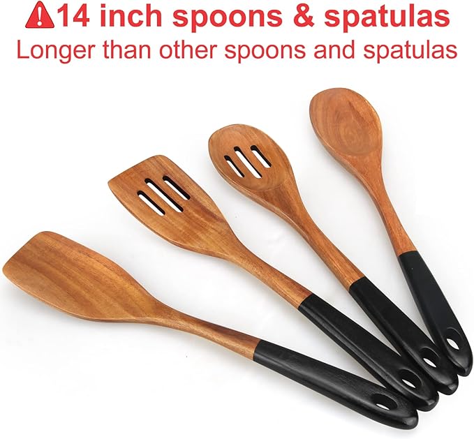 14 Inch Large Wooden Spoons for Cooking Utensils Set Acacia Wood Spatula Slotted Spoon Best Non Toxic Kitchen Utensil Long Mixing Spoon Spatulas Turner Stirring Serving Spoons Kitchen Use Tools-HomvellaHome