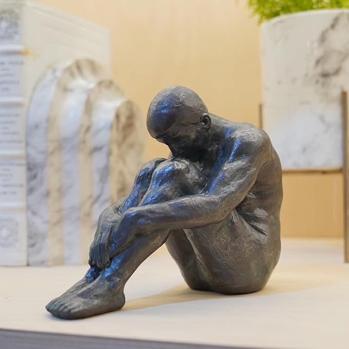 Guichifun Sitting Man Sculptures Home Decor - Resin Bronze Male Holding Arms Legs Lonely Statues Decorative Objects Outdoor Gift for Men 7.5 x 3.7 x 5.8 Inch-HomvellaHome