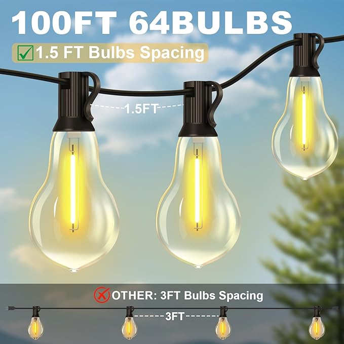 100FT Outdoor String Lights Waterproof with 64+4 Bulbs (1.5FT Bulbs Spacing), Remote & Dimmer, Commercial Patio String Lights with 3 Mode Light & Timing, 100PC Mounting Ties for Outside-HomvellaHome