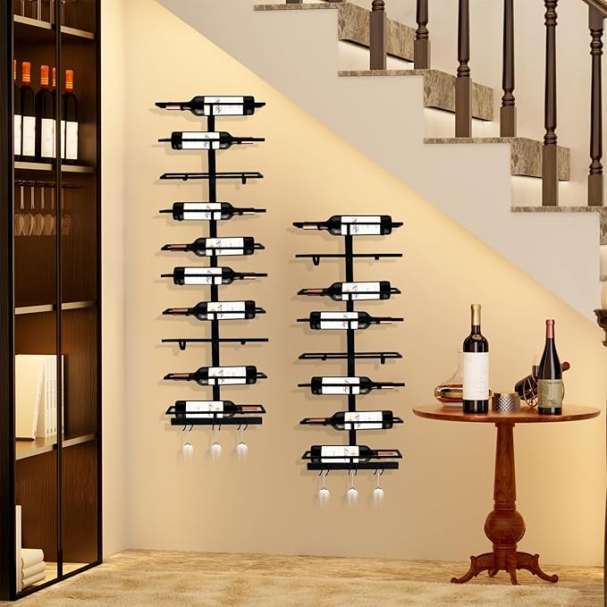 16 Bottle Wall Mount Wine Rack with Wine Glass Holder, Metal Wine Wall Rack, Wall Racks for Wine Bottles Display and Storage, Hanging Bottle Organizer for Living Dining Room Wine Cellar Bar (Black)-HomvellaHome