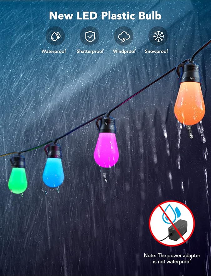 Govee Smart Outdoor String Lights H7029, 24ft RGBIC Outdoor Lights with 8 Dimmable LED Bulbs, IP65 Waterproof, Color Changing Warm White Lights with 47 Scene Modes for Patio, Backyard, App Control-HomvellaHome