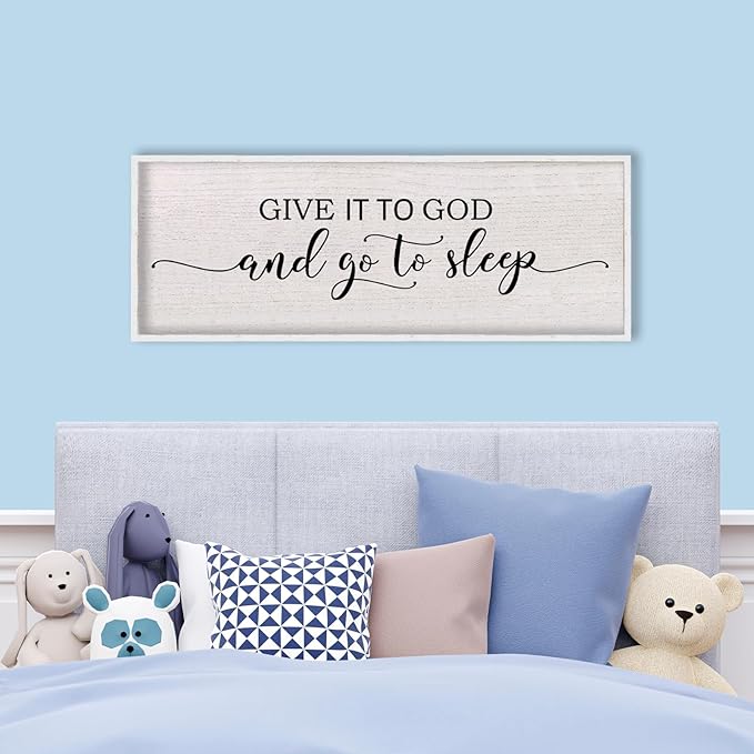 Give It To God And Go To Sleep Above Bed Wall Decor Sign 40"X15" Master Bedroom Over Bed Wall Wood Framed Art (White)-HomvellaHome