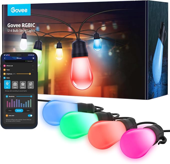 Govee Smart Outdoor String Lights H7016, 96ft RGBIC Outdoor Lights with 30 Dimmable LED Bulbs, IP65 Waterproof, Color Changing Warm White Lights with 47 Scene Modes for Patio, Backyard, App Control-HomvellaHome