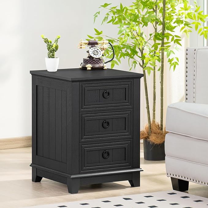 18" Farmhouse Night Stand with 3 Drawers, Wood End Table Dresser for Bedroom, Black Nightstand, Bed Side Table with Metal Handle, Bedside Cabinet for Bedroom Living Room, Closet-HomvellaHome