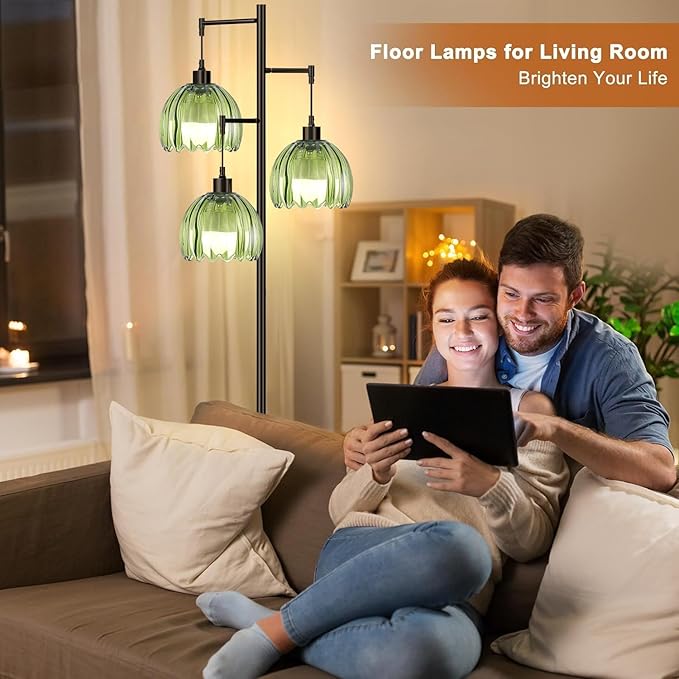 Glass Gold Floor Lamp for Living Room,Bedroom,Mid Century Modern Standing Lamp Brass Tree 3 Light Tall Floor Lamps Vintage Retro Floor Lights Green Flower Lamp Shade Farmhouse Boho Bohemian-HomvellaHome