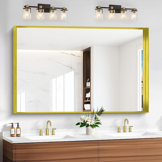Gold Bathroom Mirror, 36x55 Inch Rectangular Deep Frame Mirror, Large Wall Mounted Bathroom Vanity Mirror Over Sink for Bedroom,Restroom, Living Room, Hangs Vertically or Horizontally-HomvellaHome