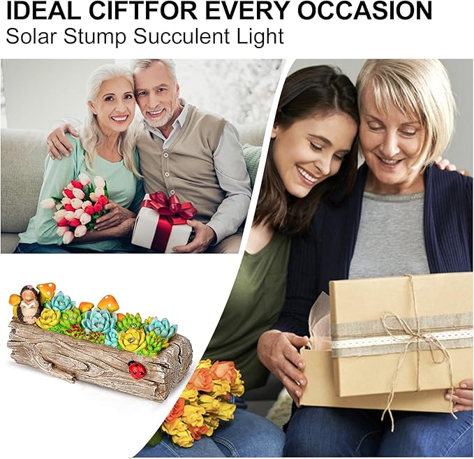 Garden Solar Figurine Light - Stump Succulent Solar Light Outdoor, Solar Powered Lighting Outside Decorations Yard Art Lawn Ornaments for Porch Patio Balcony - Succulent Gifts for Women Mom-HomvellaHome