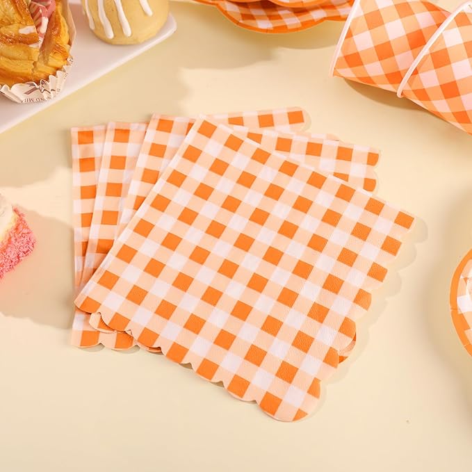 175 Pcs Orange and White Gingham Party Supplies - Orange Gingham Paper Plates and Napkins Sets Serve 25 - Scalloped Checkered Plates for Birthday Picnic Fall Halloween Thanksgivng Party Decorations-HomvellaHome