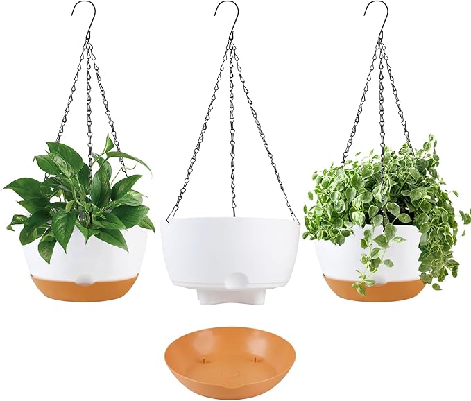 10 inch Hanging Planters Self Watering Pots for Indoor Plants, 3 Pack Plastic Hanging Basket with Removable Tray for Home Garden Porch Balcony Patio Decor (White)-HomvellaHome