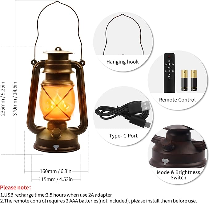 2 Pack Bronze Vintage 4 Modes Light LED Lanterns，Rechargeable Dancing Flame Lanterns Decorative Outdoor&Indoor, Remote Control Waterproof Hanging Lights for Camping,Patio Garden Pathway-HomvellaHome