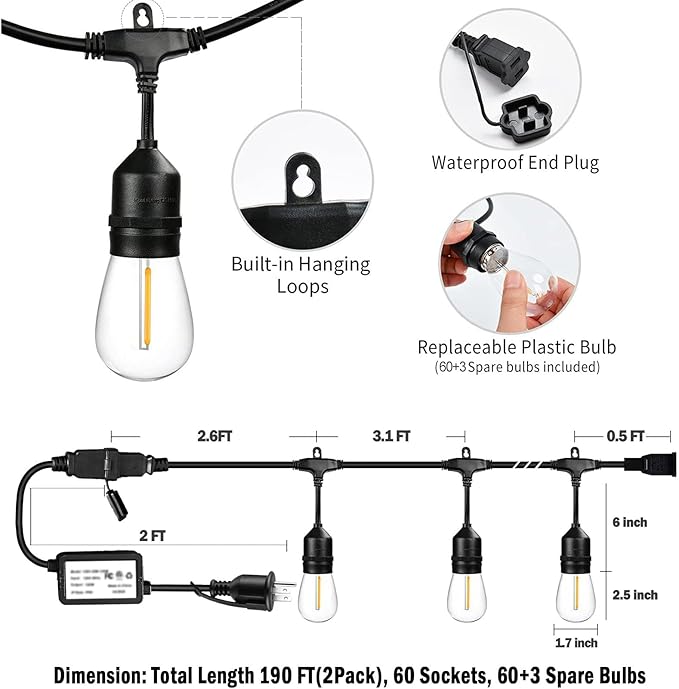 190FT Remote Controlled Outdoor String Lights Patio String Lights for Outside, 60+3 Shatterproof S14 Warm Lights String Outdoor for Bistro Café Gazebo Backyard, Linkable, 2 Pack-HomvellaHome