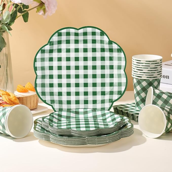 175 Pcs Green Gingham Plates and Napkins Party Supplies - Green and White Checkered Plates Sets Serve 25 Guests - Scalloped Gingham Paper Plate for Birthday Picnic BBQ Golf Party Decorations-HomvellaHome