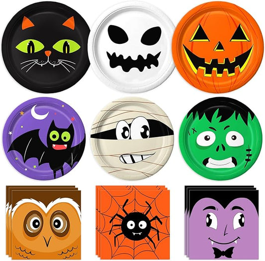 105PCS Halloween Paper Plates Ghosts Pumpkin Skull Spider Web Design for Halloween Party Decorations Supplies, Serves 30-HomvellaHome